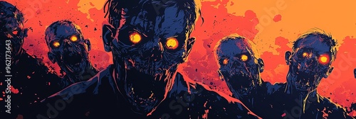 A close-up of ghastly zombies with glowing yellow eyes creating a sense of horror and fear. The detailed expressions and vivid colors highlight their terror-inducing presence. photo