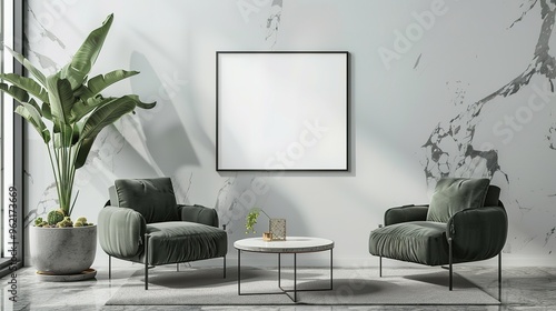 Mock-up of a poster frame in a modern living room with an Art Deco style. 3D render and illustration.