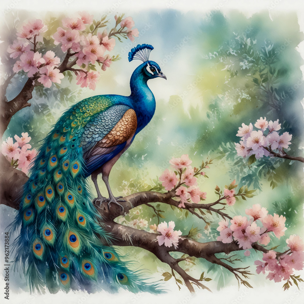 Fototapeta premium A whimsical watercolor illustration of a majestic peacock perched on a blossoming cherry tree branch in a tranquil garden setting.