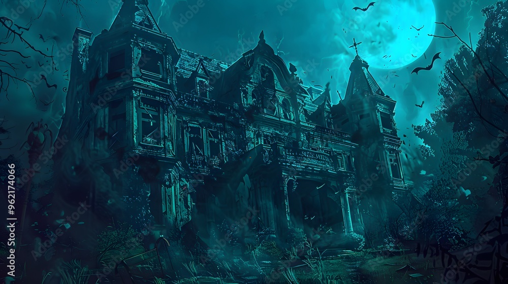Fototapeta premium Eerie Abandoned Mansion Under a Full Moon