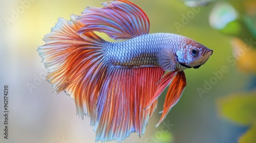 Detailed shot of a Betta fish with striking metallic colors and intricate fin details, set against a simple, light-colored background to highlight its beauty.