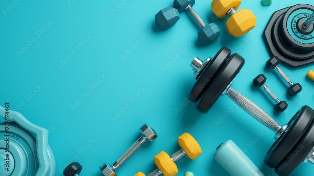 Overhead view of various dumbbells in different colors and sizes arranged on a bright blue surface. The vibrant palette and symmetrical layout make this image perfect for fitness, health, or sports Overhead view of various dumbbells in different colors and sizes arranged on a bright blue surface. The vibrant palette and symmetrical layout make this image perfect for fitness, health, or sports