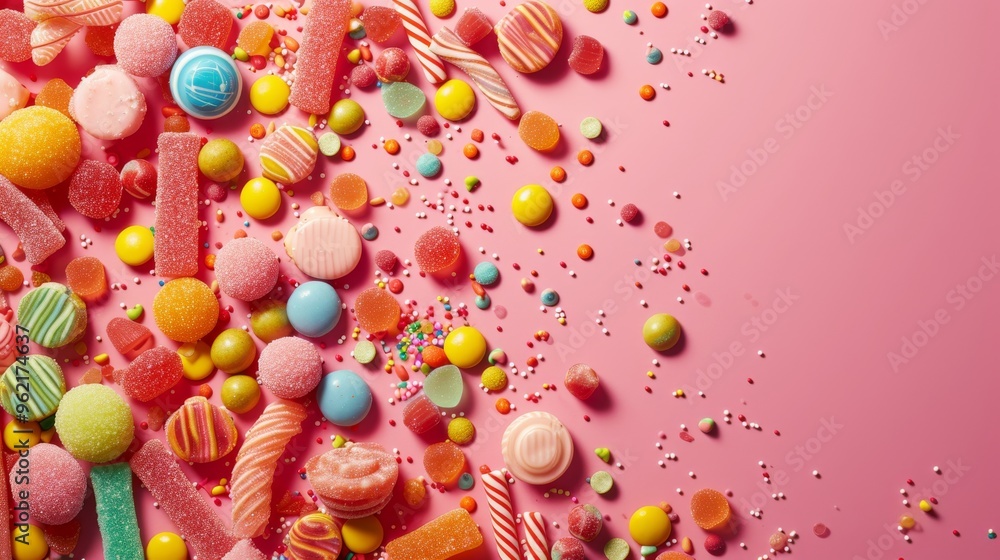 A delightful arrangement of various candies and sweets in vibrant colors spread across a pink background. This image is ideal for themes of celebration, indulgence, and sweet treats, perfect for A delightful arrangement of various candies and sweets in vibrant colors spread across a pink background. This image is ideal for themes of celebration, indulgence, and sweet treats, perfect for