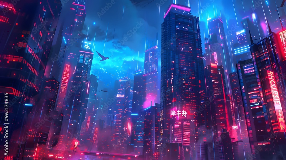 Futuristic Cyberpunk Cityscape with Neon Lights and Flying Birds Futuristic Cyberpunk Cityscape with Neon Lights and Flying Birds
