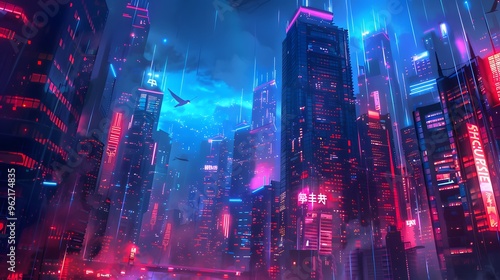 Futuristic Cyberpunk Cityscape with Neon Lights and Flying Birds