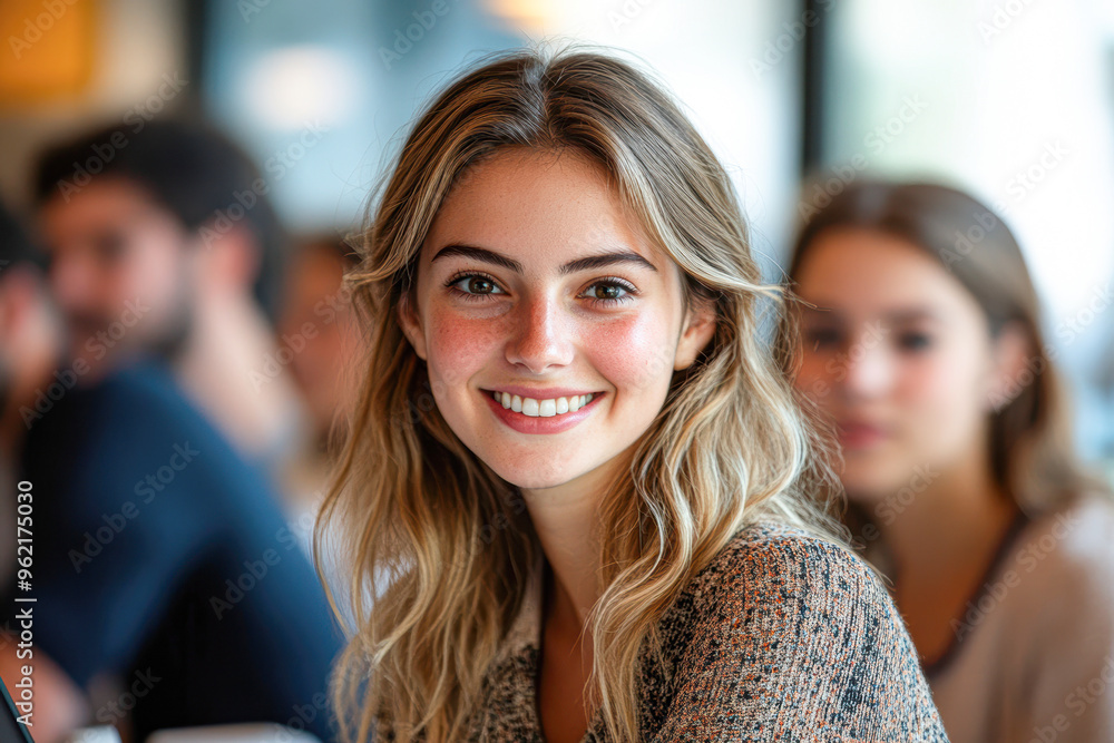 A woman with blonde hair is smiling at the camera A woman with blonde hair is smiling at the camera
