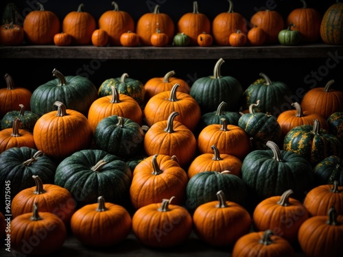 collection of orange and green pumpkin in dark background