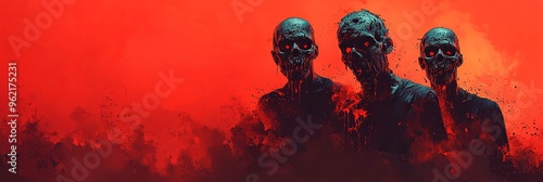 Three grim and menacing zombies emerge from a smoky red background, their faces barely visible yet exuding an eerie and terrifying presence. photo