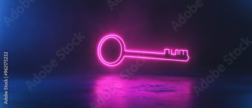 A neon pink key is lit up in a dark room photo