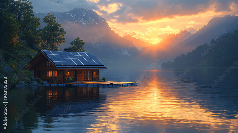 Fototapeta premium House on Mountain Lake with Solar Panels on the Roof Sunset Sustainable and Clean Energy at Home
