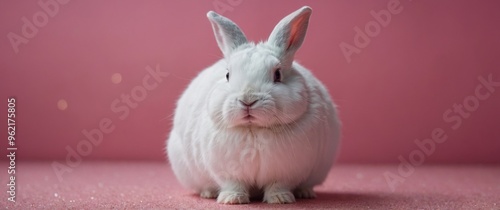 White Rabbit in Pink Outfit on Pink Background. photo