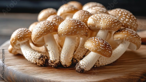 Detailed shot of a cluster of shiitake mushrooms on a wooden cutting board, emphasizing their distinctive, glossy caps and the fine details of their stems.