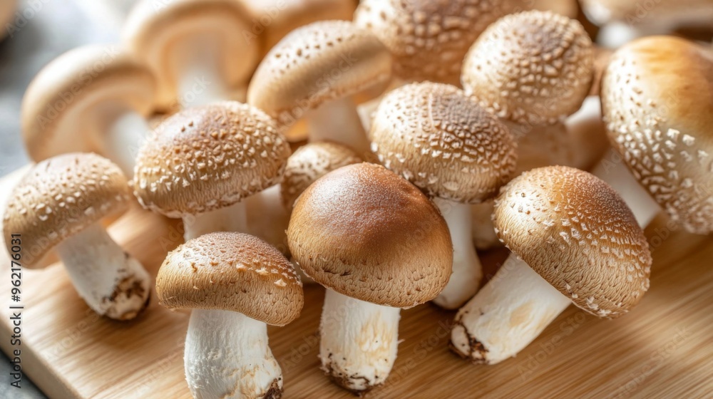 Detailed shot of a cluster of shiitake mushrooms on a wooden cutting board, emphasizing their distinctive, glossy caps and the fine details of their stems. Detailed shot of a cluster of shiitake mushrooms on a wooden cutting board, emphasizing their distinctive, glossy caps and the fine details of their stems.