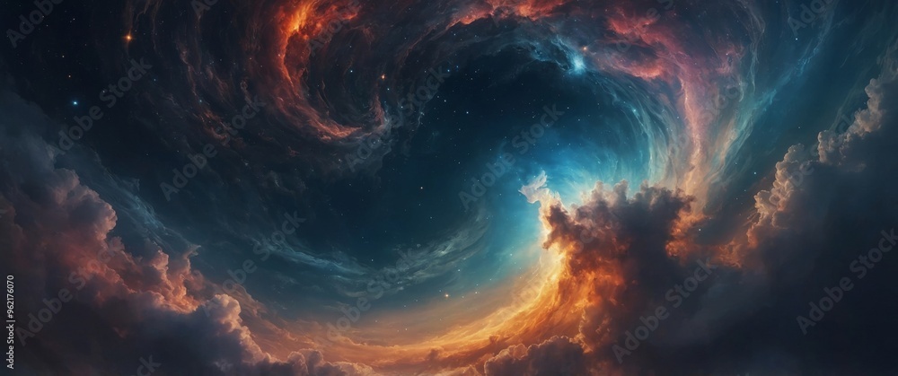 A celestial body rises through swirling clouds. A celestial body rises through swirling clouds.