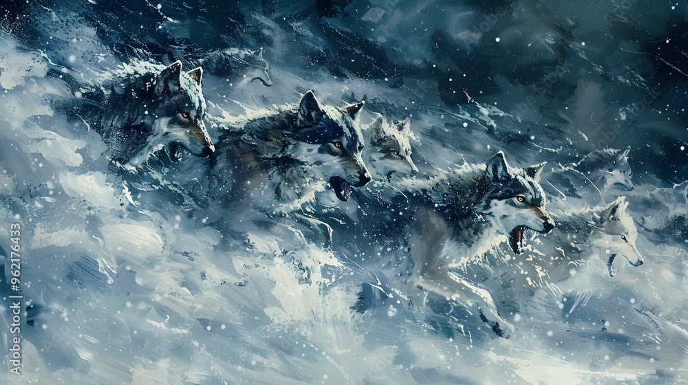Fototapeta premium Pack of Wolves Running Through a Blizzard