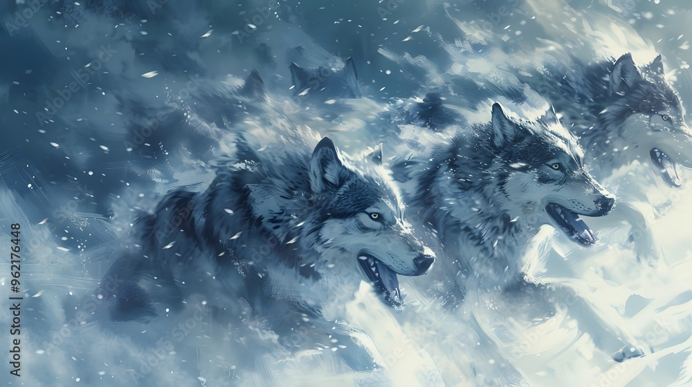 Obraz premium Wolf Pack Running Through Snowstorm