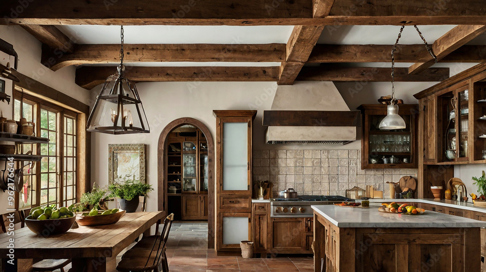 A Warm, Rustic Kitchen With Wooden Beams, Farmhouse-style Cabinets, And Vintage Appliances A Warm, Rustic Kitchen With Wooden Beams, Farmhouse-style Cabinets, And Vintage Appliances