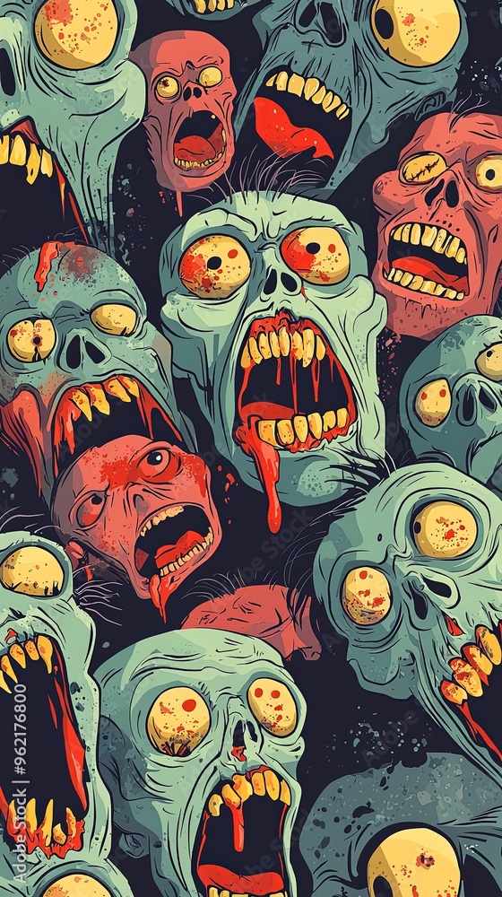 A frantic and chaotic mix of screaming zombie faces with jagged teeth and horrifying expressions, shown in a vivid mix of colors that provoke intense fear and discomfort. A frantic and chaotic mix of screaming zombie faces with jagged teeth and horrifying expressions, shown in a vivid mix of colors that provoke intense fear and discomfort.