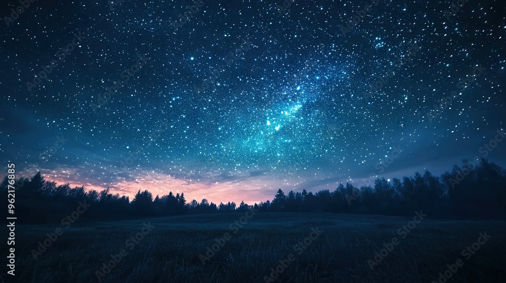 Fototapeta premium The sky is filled with stars, while trees stand out in dark blue against white cloud backgrounds
