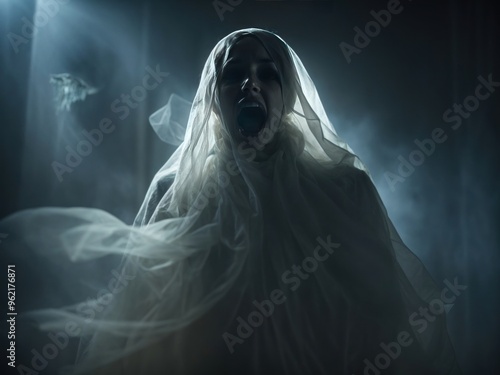 scary portrait of a screaming white ghost