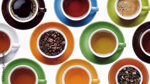 Cups of coffee, black tea, green tea, and herbal tea isolated on a white background. Colorful tea and coffee cups top view. Set of vector illustrations