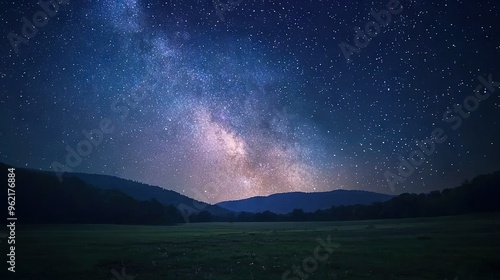  The night sky is filled with stars, and the Milky Way shines brightly above a grassy field with a mountain range in the distance