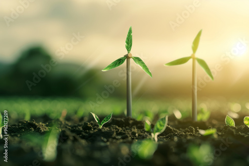 Wind turbine for generating renewable energy in the form of a young sprout with leaves in the form of propeller blades. Concept depicting green energy. Light up the bright back