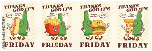 Groovy Burger, Hotdog, Pizza, French Fries and Beer Bottle Retro Character Illustration Posters Set. Cartoon Fast Food and Drink Beverage Vector Mascot Templates Happy Vintage Cool Drawings
