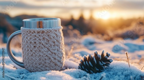 stay cozy with a thermos mug wrapped in a knitted cover on a chilly morning the perfect way to kickstart your day photo