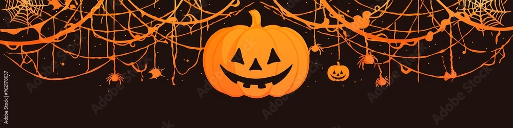 Pumpkin with scary smiling face in spider web on black background. Carved Jack o lantern pumpkin. Retro grunge style. Happy Halloween. Border with copy space for design card, banner, invitation Pumpkin with scary smiling face in spider web on black background. Carved Jack o lantern pumpkin. Retro grunge style. Happy Halloween. Border with copy space for design card, banner, invitation