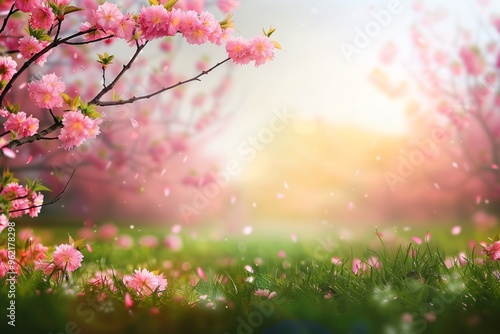 Pink cherry blossoms blooming in a green field