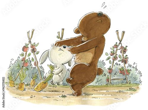 Scene of a bear and a rabbit in a vegetable garden