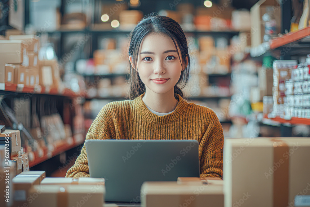 A woman is sitting in a warehouse with a laptop in front of her A woman is sitting in a warehouse with a laptop in front of her