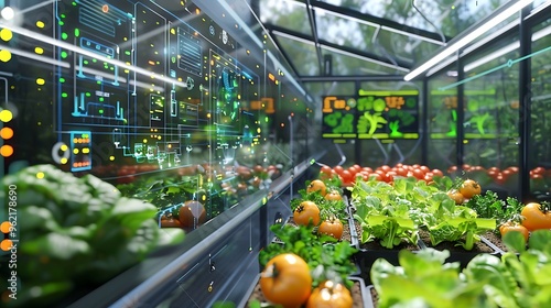 A conceptual design of a smart farm where vegetables are cultivated based on real-time data analysis, with AI-powered systems optimizing growth conditions for each plant, ensuring maximum yield  photo