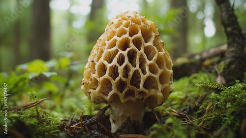  A mushroom resting amidst a lush forest of greenery, with numerous small holes peppering its surface