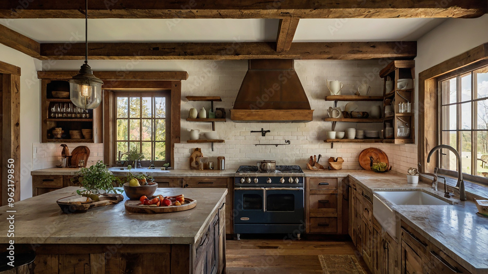 A Warm, Rustic Kitchen With Wooden Beams, Farmhouse-style Cabinets, And Vintage Appliances A Warm, Rustic Kitchen With Wooden Beams, Farmhouse-style Cabinets, And Vintage Appliances