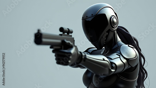 Cyborg female character aiming a firearm showcasing a young girl in sleek black armor and helmet Dynamic 3D rendering on a neutral backdrop