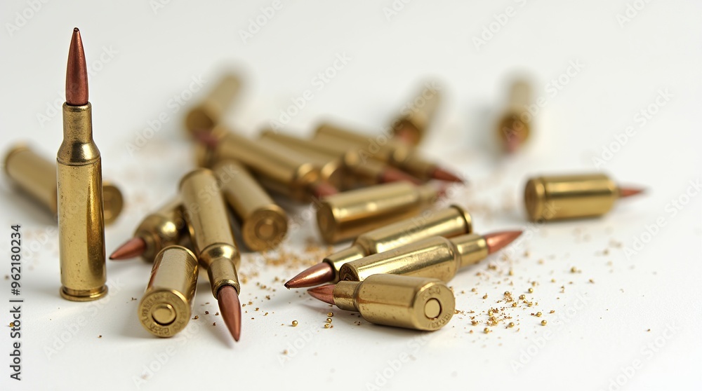 Rifle ammunition on white background with scattered bullets