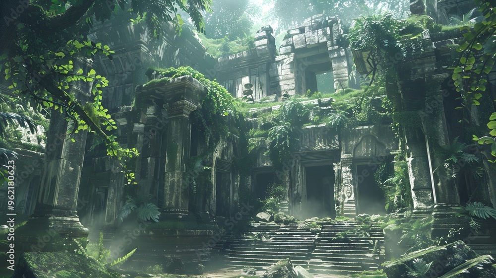 Obraz premium Ancient Ruins Overgrown by Jungle Foliage