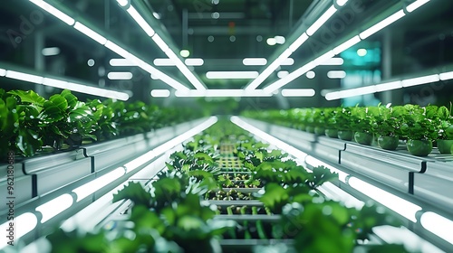 A sprawling, high-tech farm where robotic arms meticulously plant, tend, and harvest rows of perfectly aligned vegetables, each one glowing with health and vitality photo