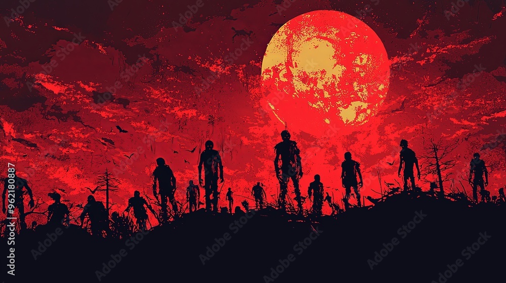 Silhouetted zombies roam under a crimson-red, eerie sky with a glowing moon, creating an apocalyptic scene that is both chilling and mesmerizing in its dark beauty. Silhouetted zombies roam under a crimson-red, eerie sky with a glowing moon, creating an apocalyptic scene that is both chilling and mesmerizing in its dark beauty.