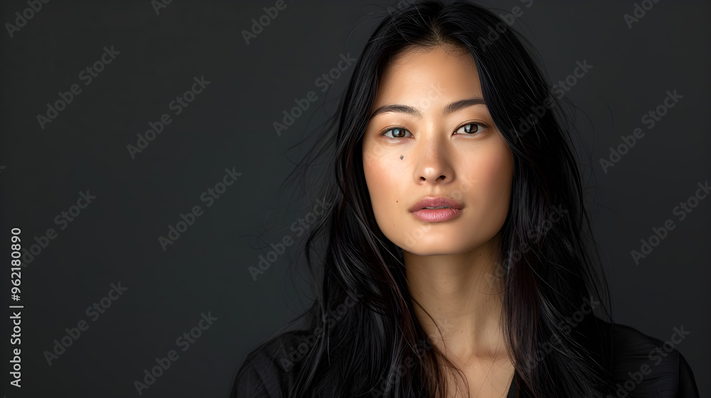 Fototapeta premium female oriental beauty with naytural complexion, long shiny hair professional makeup, smooth skin posing with soft expression