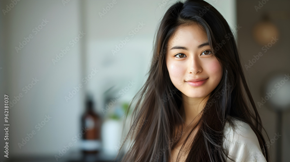 confident asian female model with long shiny hair, natural makeup posing after beauty treatment. Haircare cosmetics concept confident asian female model with long shiny hair, natural makeup posing after beauty treatment. Haircare cosmetics concept