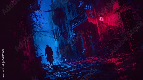 Nightmarish illustration of a dark alley with shadowy figures and eerie lights photo