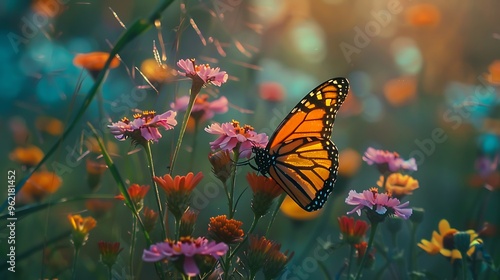 Orange monarch butterfly climbing a sprig of colorful flowers in a garden, with detailed textures of the butterflya??s wings and the flowers captured in high-definition photo