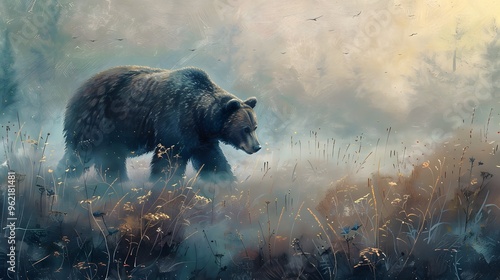 Atmospheric animal painting of a bear wandering through a misty meadow photo