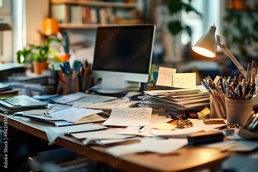 Messy desk with completed work shows a productive workspace filled with papers and office supplies. This cluttered yet accomplished scene reflects the busy workday. Perfect for business Messy desk with completed work shows a productive workspace filled with papers and office supplies. This cluttered yet accomplished scene reflects the busy workday. Perfect for business