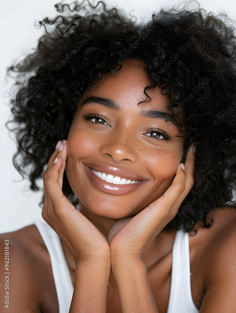 smiling black woman with afro hairstyle professional makeup, touching face with hands. Cosmetics beauty skincare concept smiling black woman with afro hairstyle professional makeup, touching face with hands. Cosmetics beauty skincare concept