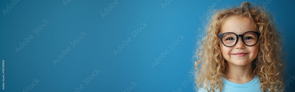 Obraz premium Happy little curly blond girl with big eyeglasses. Isolated on solid blue background.