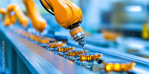 Wallpaper Mural a production line assembling bracket holders for solar-powered LED street lights, focusing on robotic arms precisely placing components Torontodigital.ca